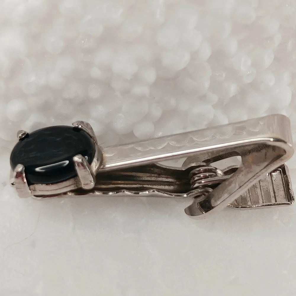 Silver Tie Clip Onyx Natural Black Onyx, Elegant Classic Timeless Vintage